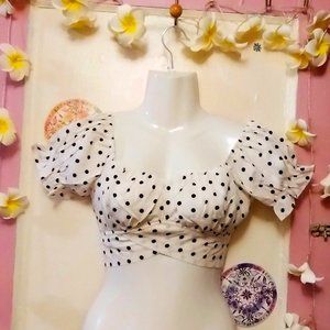 Puff Sleeve (S) Off Shoulder Polkadot Tie Back Crop Top